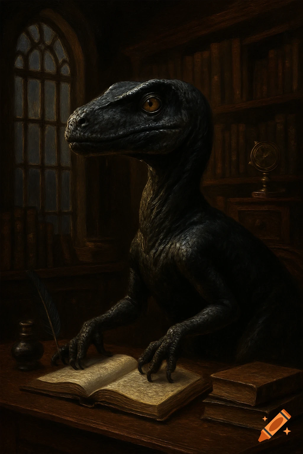 A dark, moody painting of a black velociraptor sitting at a wooden desk in a dimly lit library, writing in an open book with a quill.