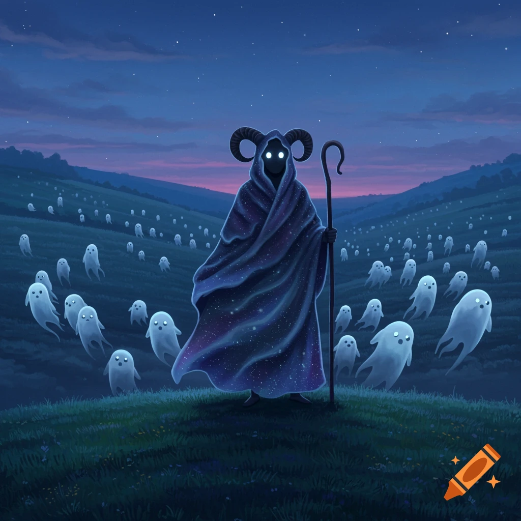 A hooded figure with ram horns and glowing eyes shepherds cute white ghosts across a grassy field at dusk under a starry sky.