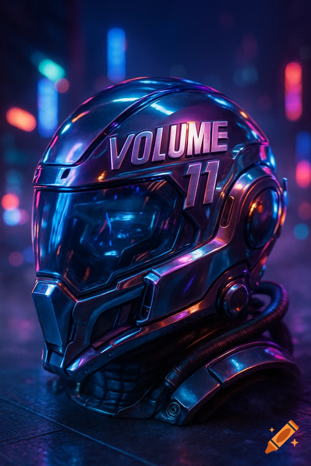 A metallic, futuristic pilot helmet with neon blue and purple lights, featuring 'VOLUME 11' text on top, against a blurred city background.
