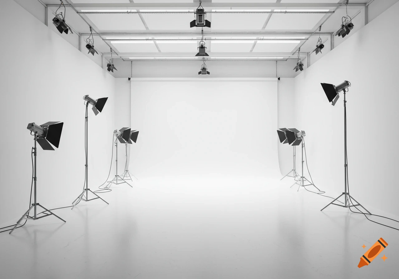 A bright, empty white photo studio with professional lighting equipment on stands and hanging from the ceiling.
