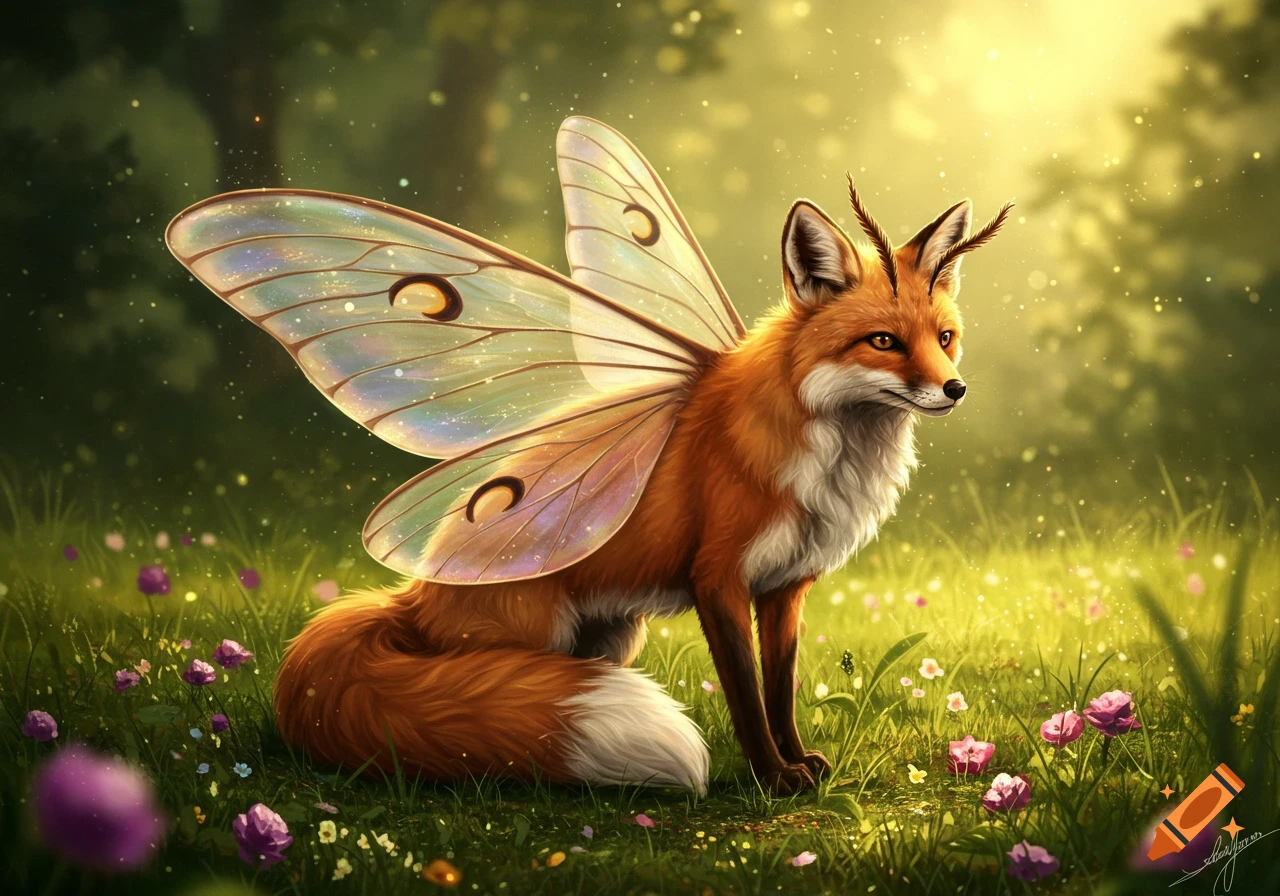 A digitally painted fox-moth-bee hybrid creature with iridescent wings and bee antennae sits in a bright green field filled with sparkling flowers.