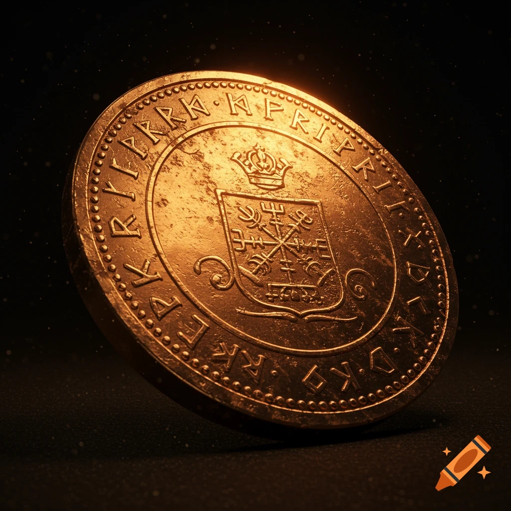 A close-up, photorealistic image of an antique-looking red gold coin with intricate engravings and a coat of arms, partially tilted on a dark surface.