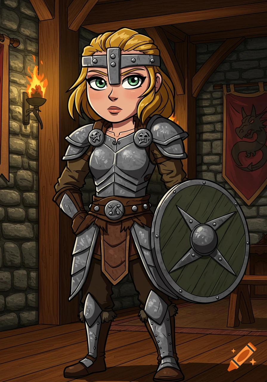 Cartoon illustration of Lydia from Skyrim in full armor holding a shield, standing in a medieval stone and wood room.
