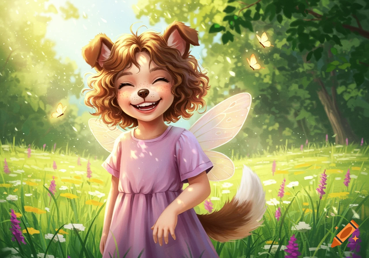 A smiling girl with dog ears, nose, and a tail, wearing a pink dress and fairy wings, stands in a sunny, flower-filled meadow.