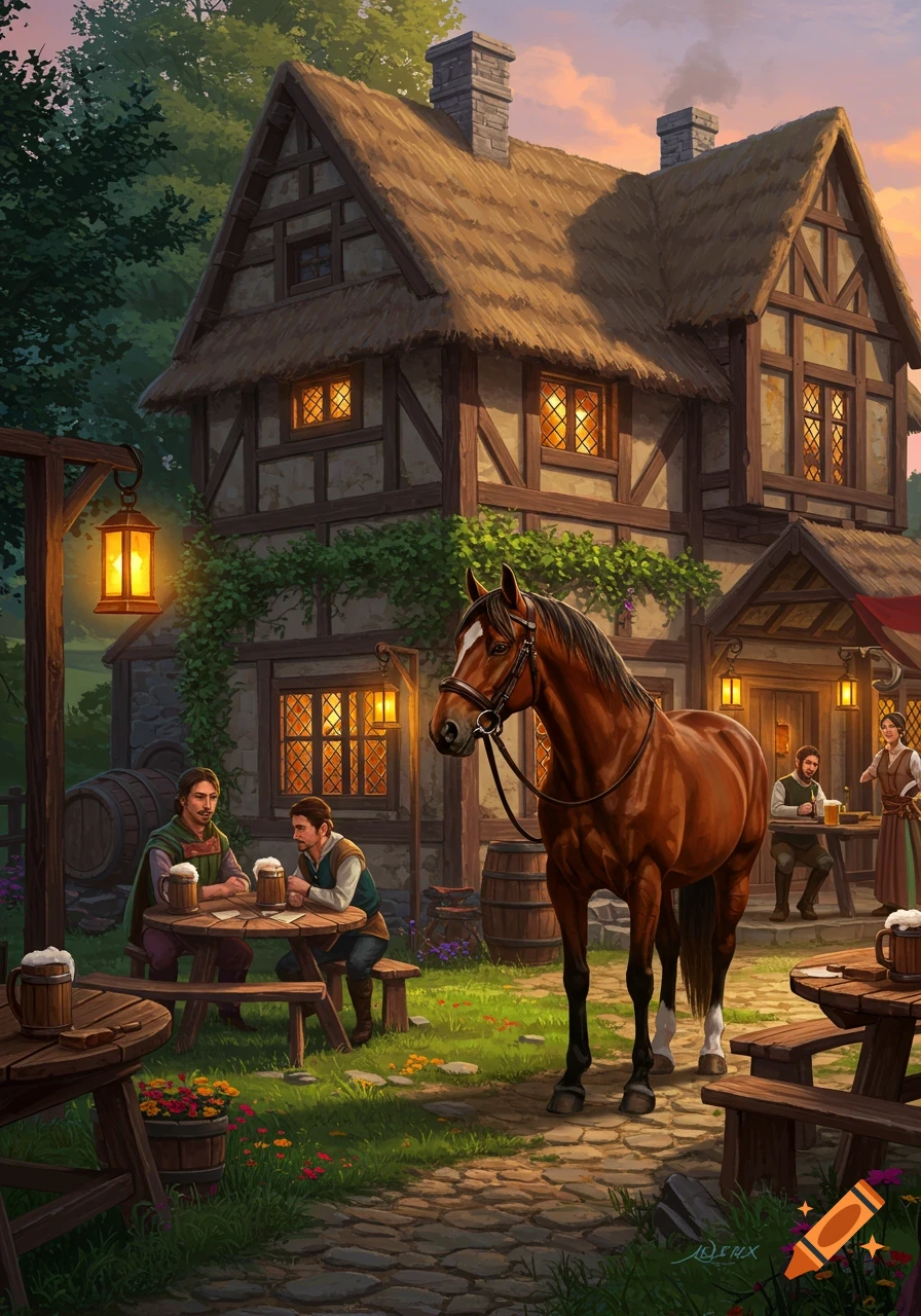 A brown horse stands outside a rustic medieval tavern as men drink beer at outdoor tables, bathed in warm sunset light.