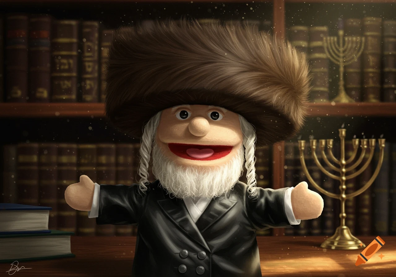 A smiling hand puppet resembling a Hasidic Jew, with a fur hat, white beard, and payot, in a black coat, standing in front of bookshelves with religious texts and two menorahs.
