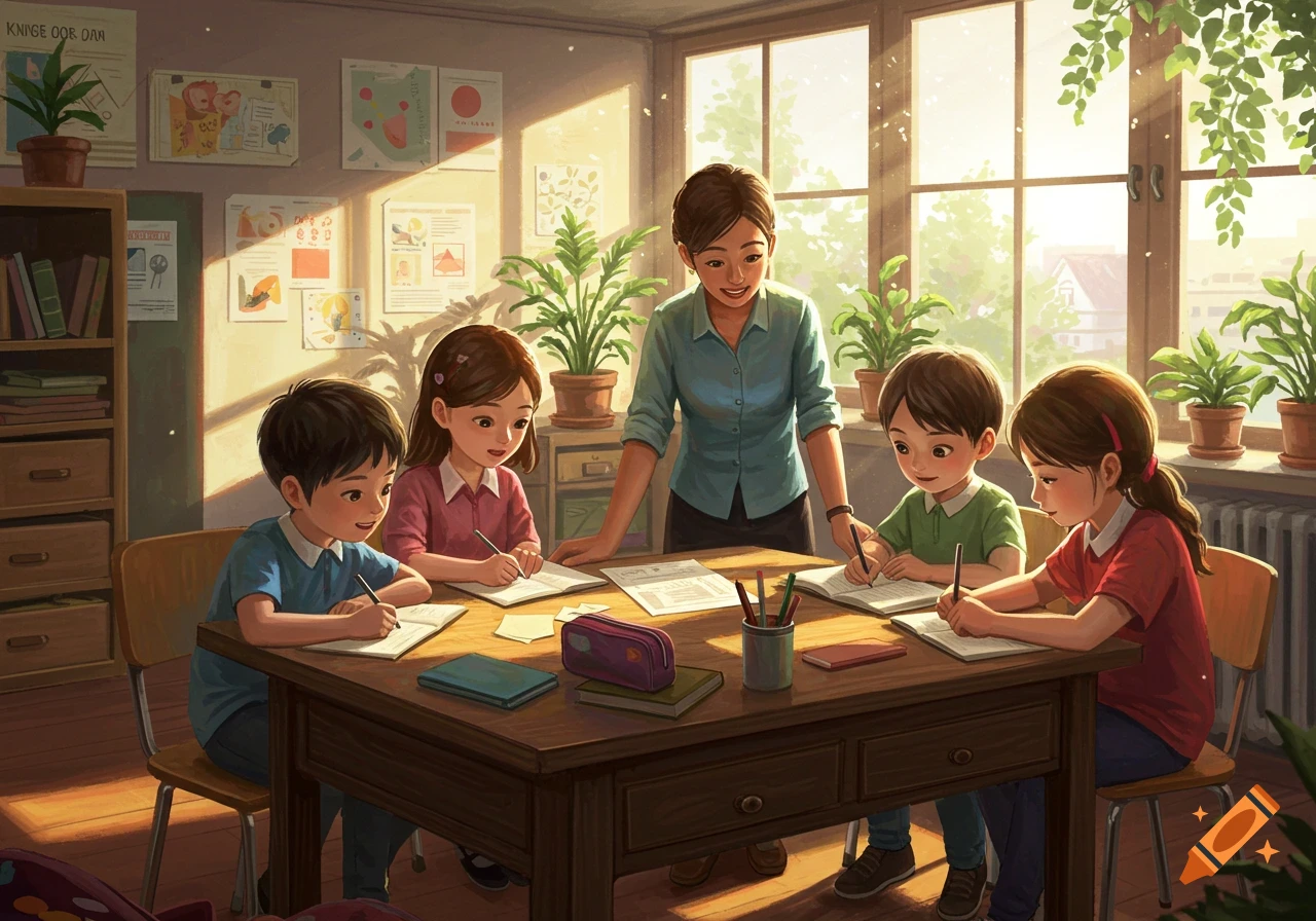 An illustration of a diverse group of children and a teacher in a sunlit classroom, seated around a wooden table, writing in notebooks.