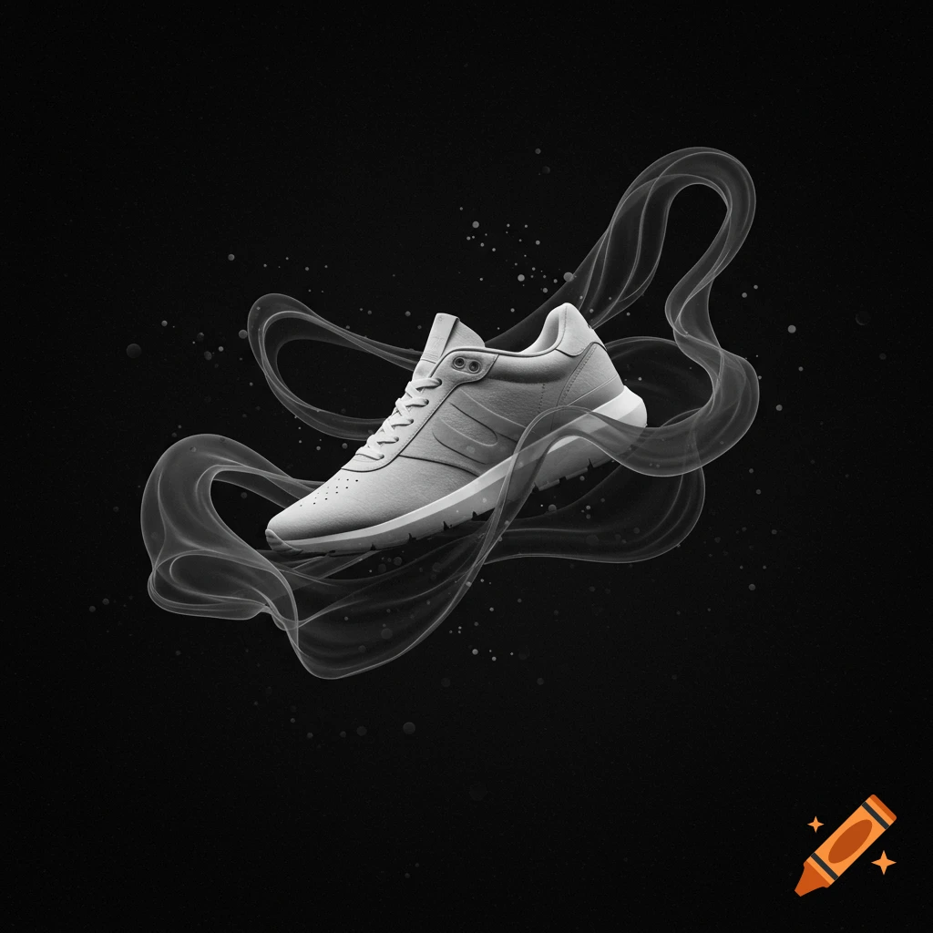 A light grey sneaker floats on a black background surrounded by wisps of smoke and small particles.