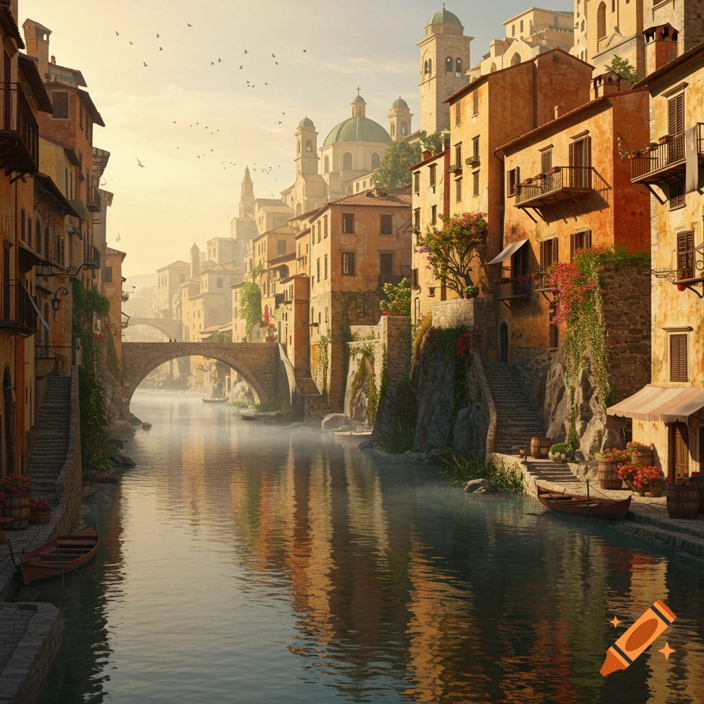 A picturesque painting of an old European city built along a river with terraced buildings, arched bridges, and warm sunlight.