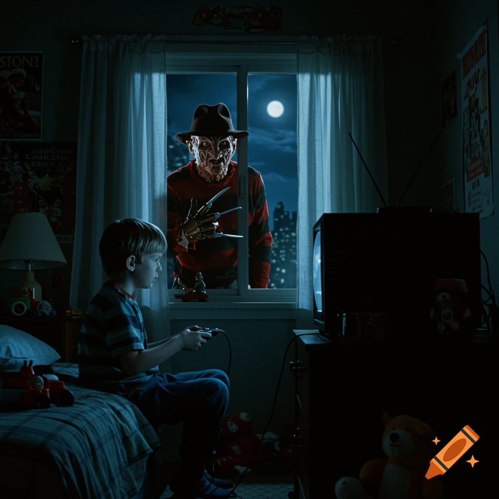 A child plays video games in a dark bedroom at night, with Freddy Krueger peering in through the window.