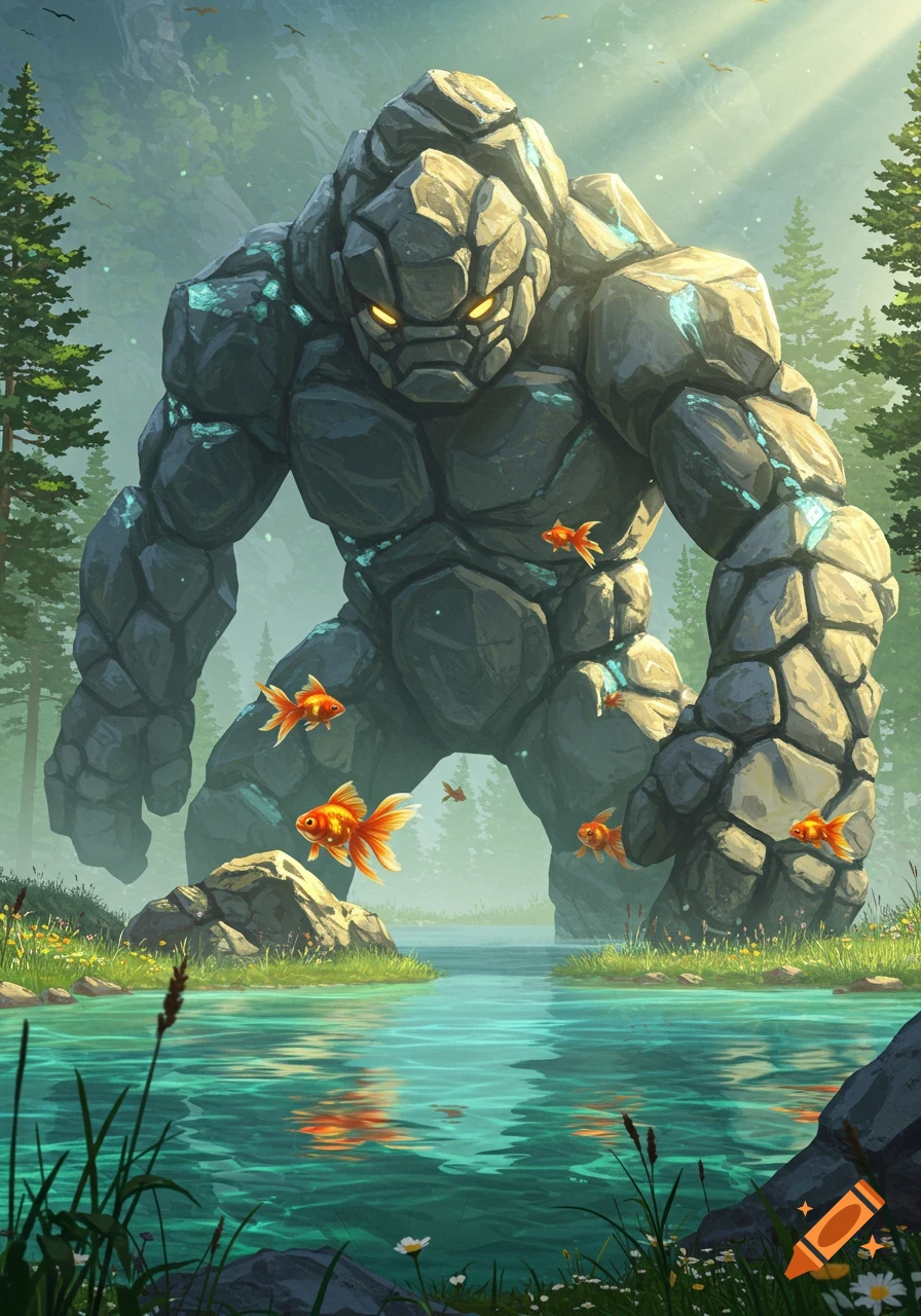 A massive rock golem with glowing eyes stands in a clear lake, surrounded by flying goldfish, in a lush forest.