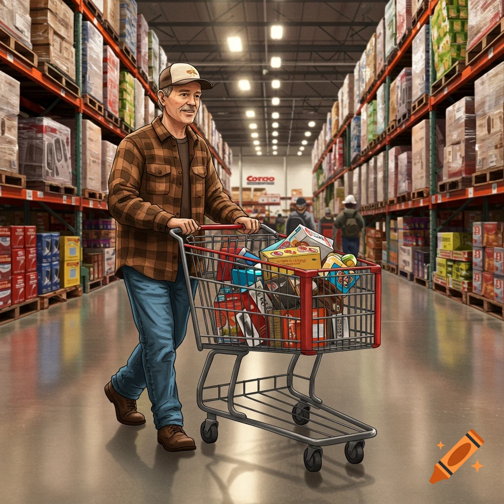 Man pushing a full shopping cart down an aisle in a large warehouse store, illustrated style.