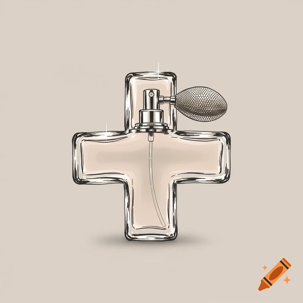 Clipart illustration of a plus-shaped perfume bottle with a vintage atomizer.