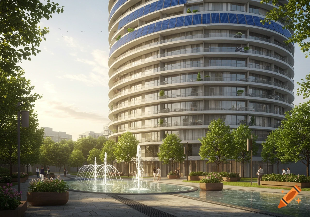 A modern, round high-rise building with solar panels overlooking a park with a large fountain, trees, and people walking.