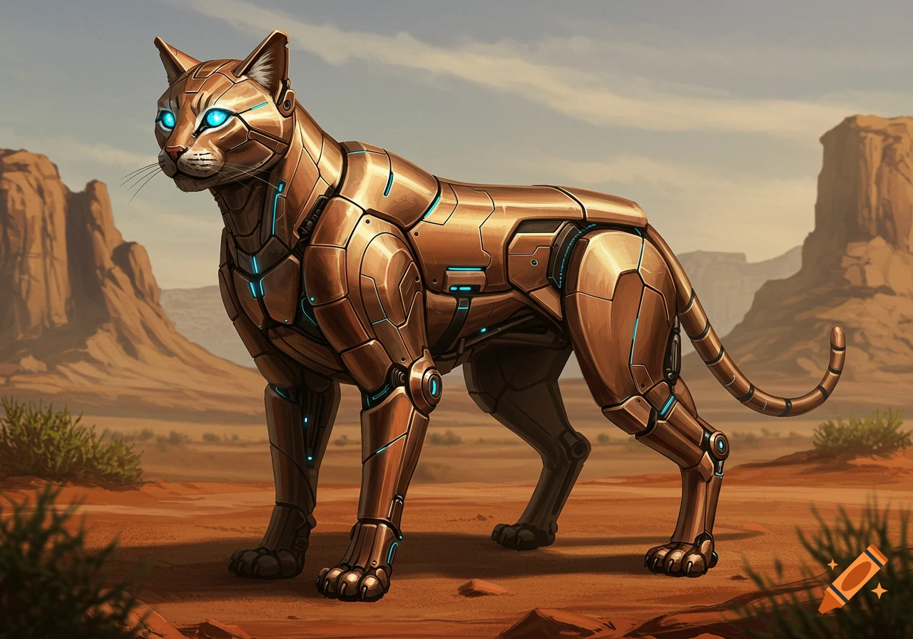 A bronze robotic cat with glowing blue eyes stands in a vast desert landscape with large rock formations.