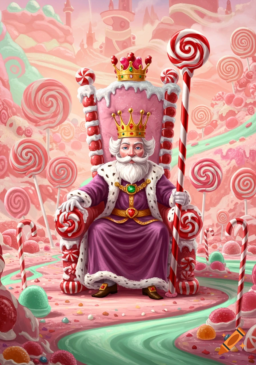 A candy king with a white beard sits on a pink candy throne, holding a lollipop scepter in a colorful candy land.
