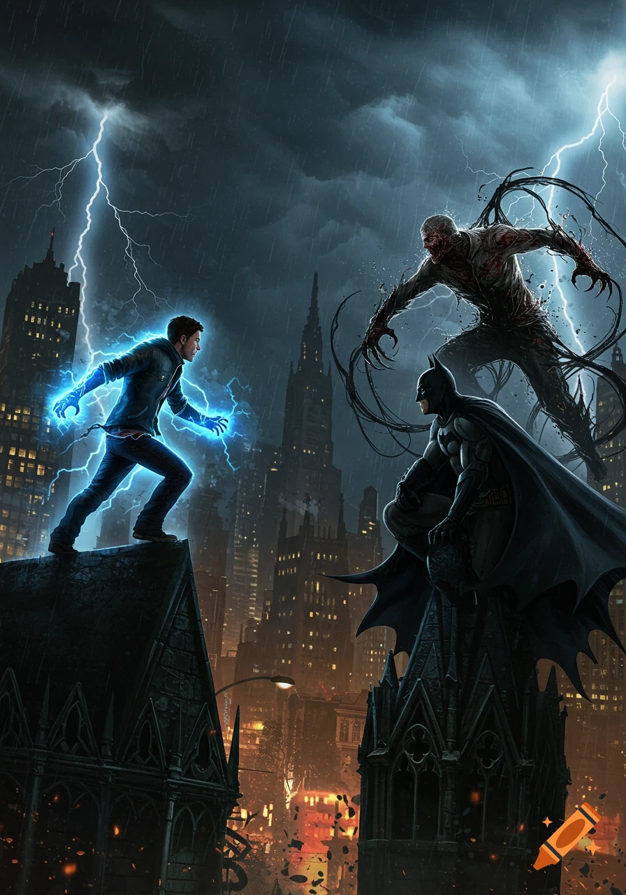 A dramatic scene with Cole MacGrath, Batman, and Alex Mercer on rooftops during a lightning storm over a city.