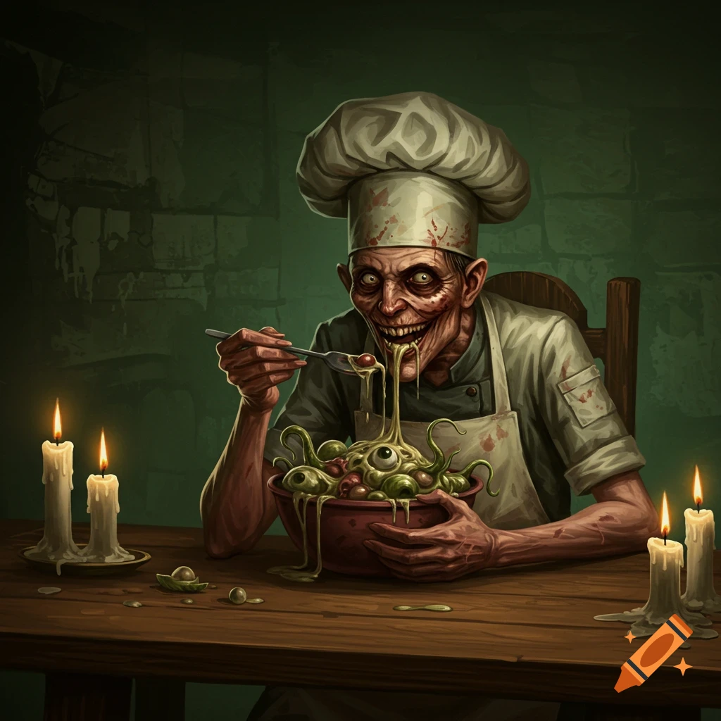 A creepy, gaunt chef in a blood-splattered hat and apron spoons gooey, eye-filled slop from a bowl, lit by candles in a dark room. Stylized horror art.