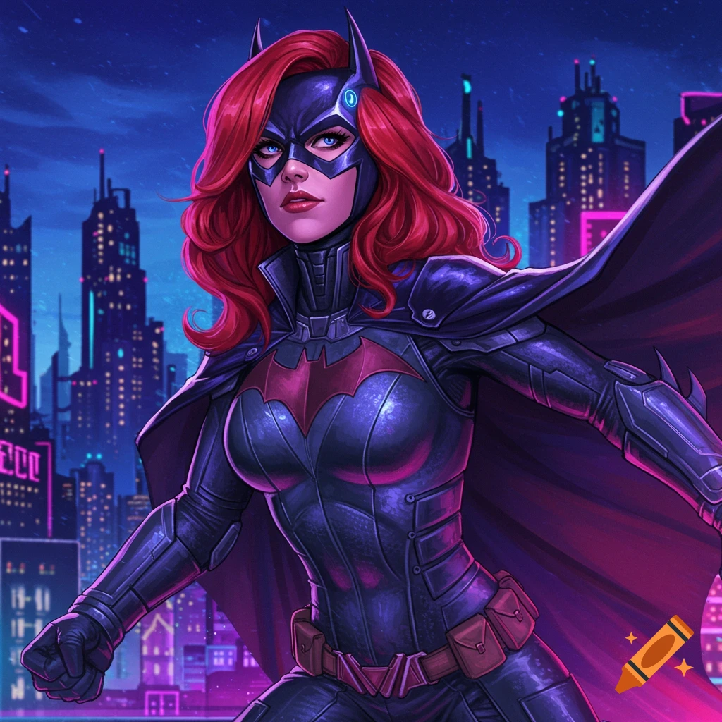 Batgirl with red hair and a dark armored suit stands against a futuristic city skyline at night in a vibrant digital art style.