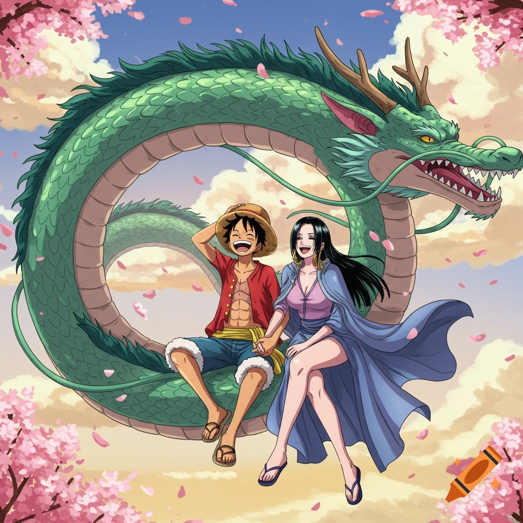 Luffy and Boa Hancock from One Piece, holding hands and smiling, sitting on a large green dragon against a sky with clouds and cherry blossoms.