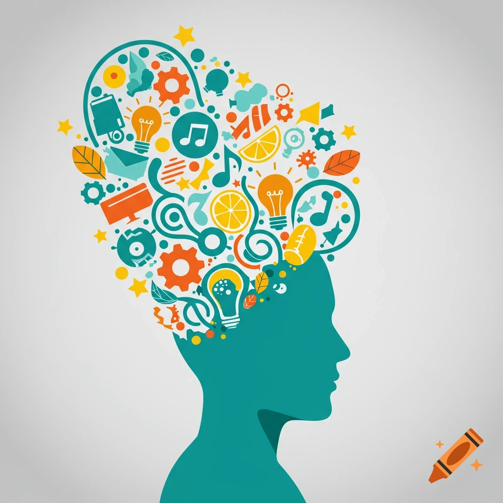 A teal silhouette of a head with an explosion of colorful icons like lightbulbs, gears, and music notes representing thoughts.