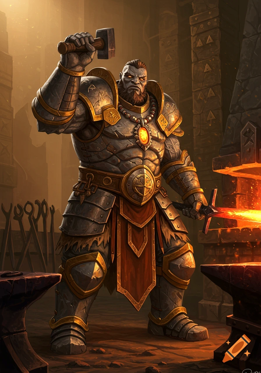 A muscular goliath forge cleric in ornate stone armor holds a hammer and a glowing sword, standing in a dimly lit forge.