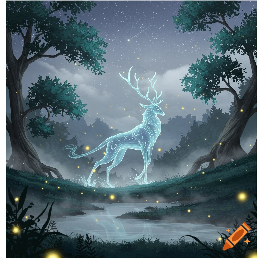 Luminous blue stag stands in a dark, misty fantasy forest beside a stream under a starry sky with glowing fireflies.