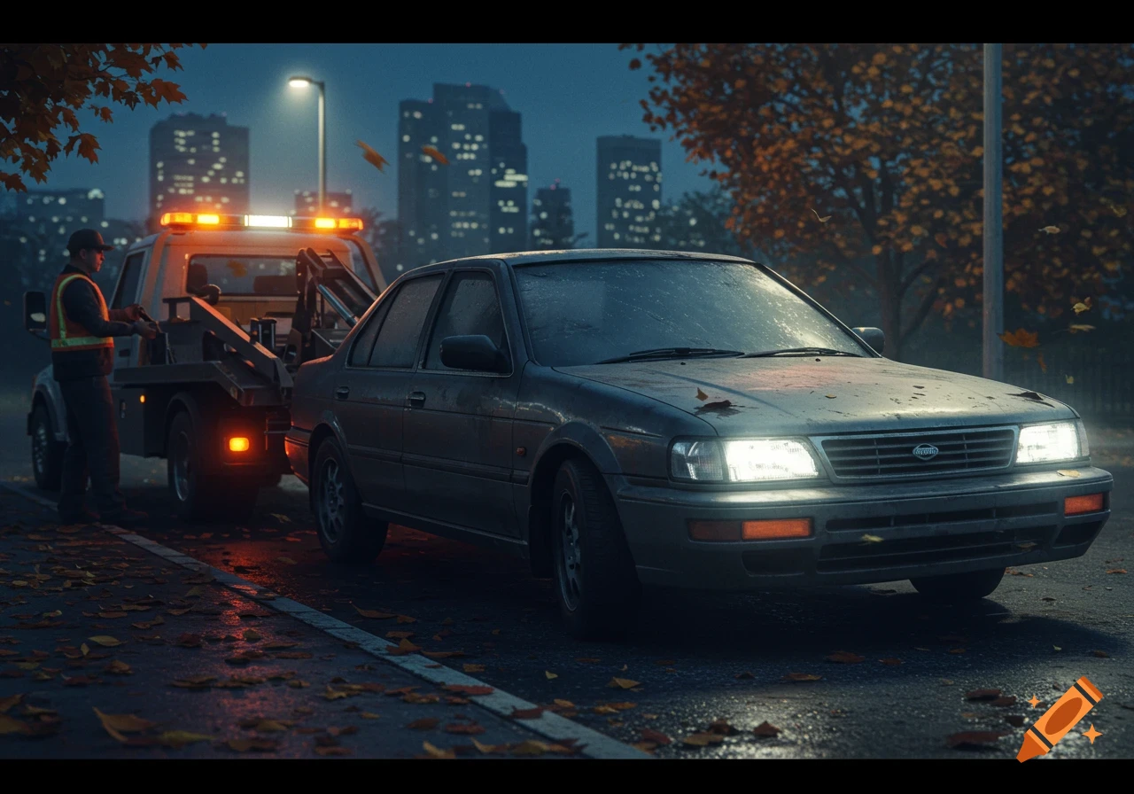 A tow truck is hooking up an old grey Nissan Altima on a wet city street at night, with autumn leaves scattered around.