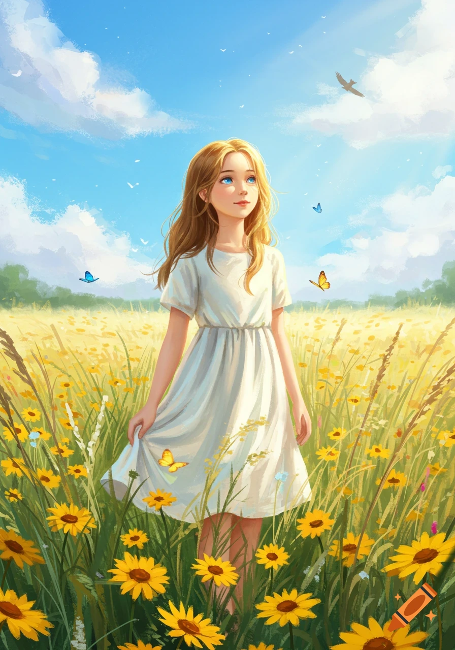 A young girl with long blonde hair and a white dress stands in a sunny field of yellow flowers under a blue sky with birds and butterflies.