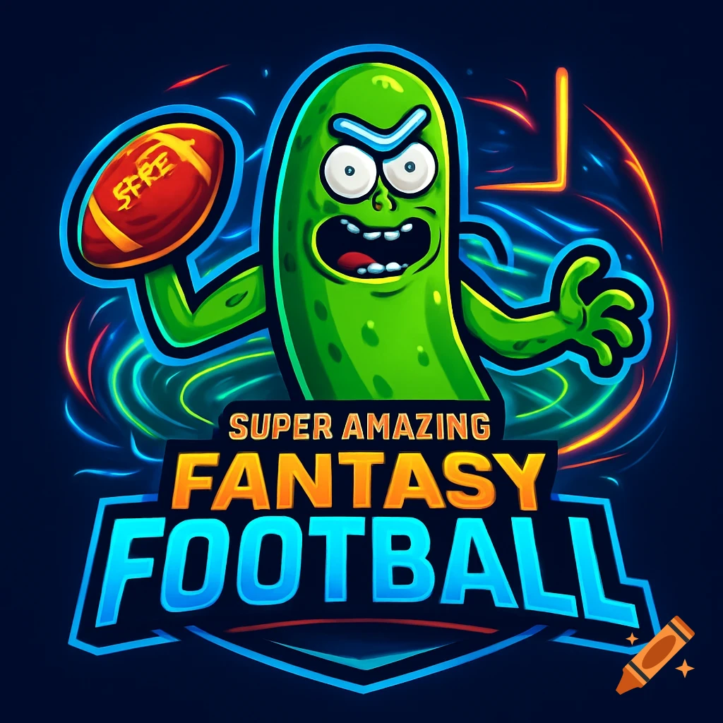 A vibrant cartoon logo features a green pickle character holding a red football, with glowing blue and orange text reading 'SUPER AMAZING FANTASY FOOTBALL'.