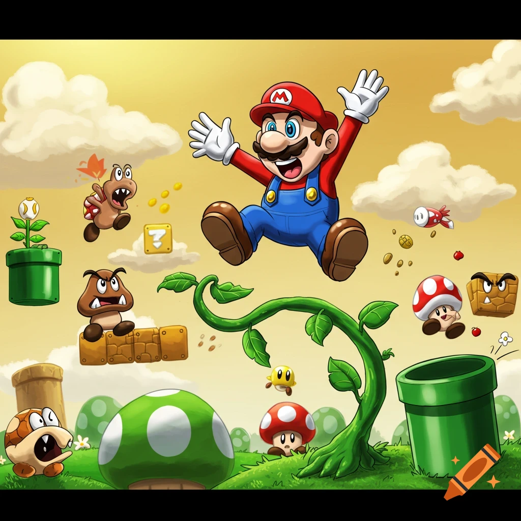 Cartoon Mario jumps with arms raised, surrounded by Goombas, Koopa Troopa, Question Block, and mushrooms in a vibrant landscape.
