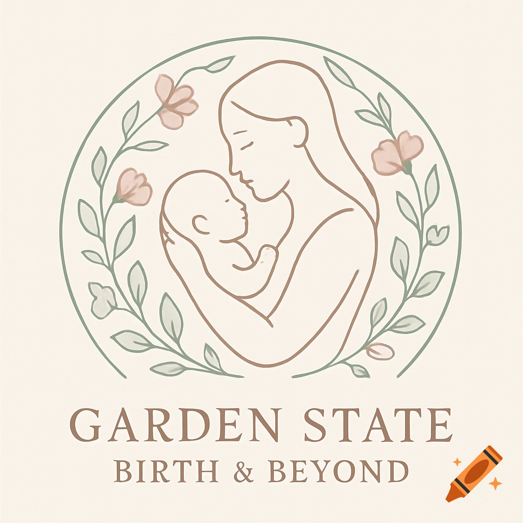 Line art logo depicting a mother holding a baby surrounded by a floral wreath, with text Garden State Birth & Beyond.