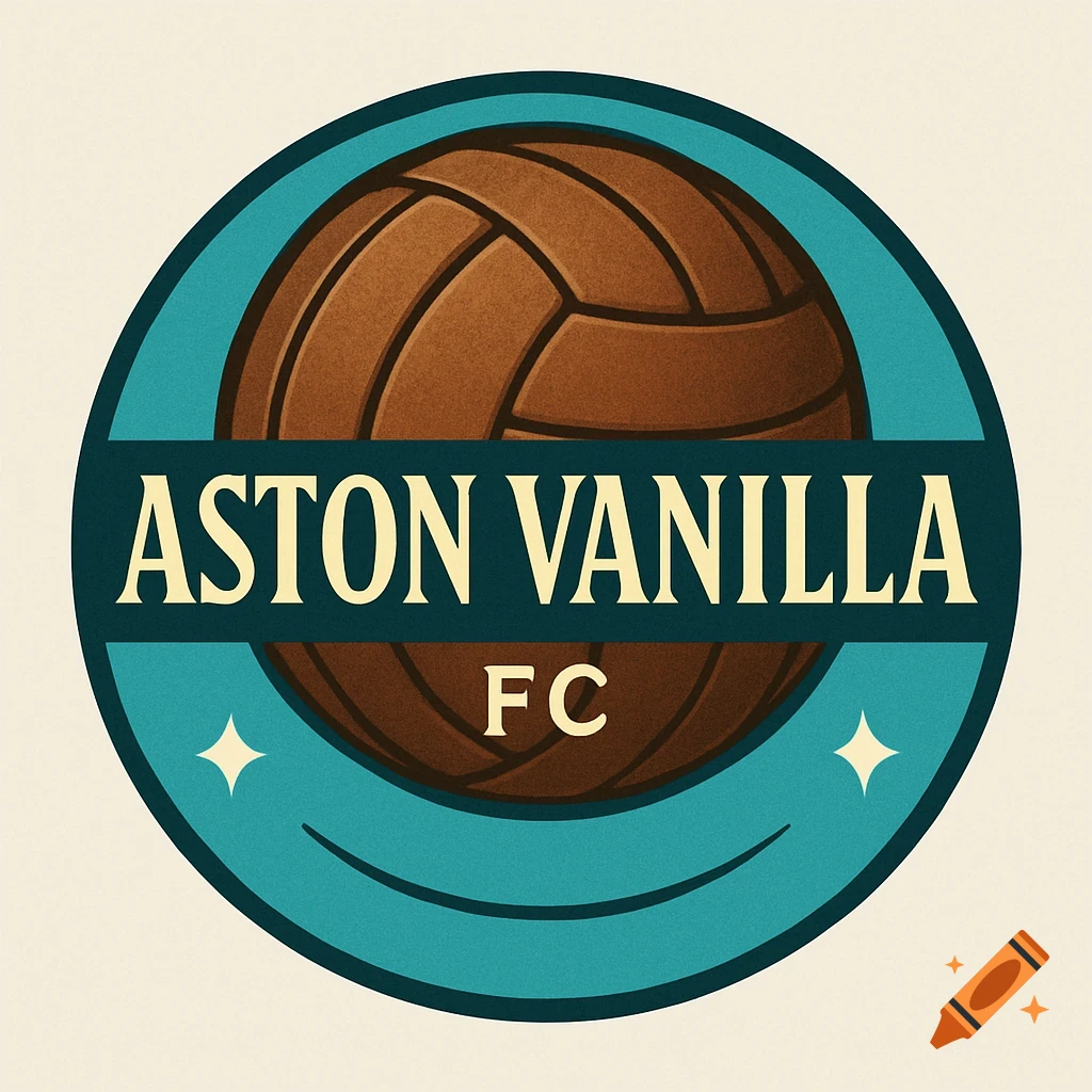 A circular, vintage-style logo for Aston Vanilla FC, featuring a brown football against a turquoise background.