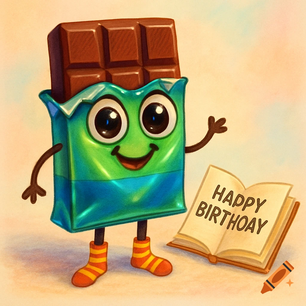 A cute cartoon chocolate bar character with big eyes, a green and blue wrapper, brown arms and legs, and striped socks, waves next to an open book that reads "HAPPY BIRTHOAY."