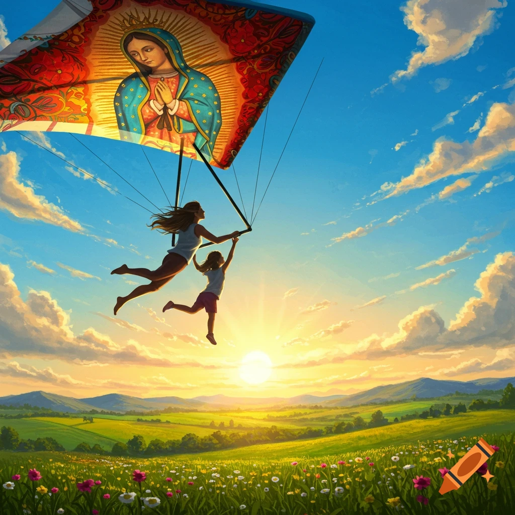Mother and daughter hang-gliding with a kite featuring Our Lady of Guadalupe over a vibrant green landscape at sunset.