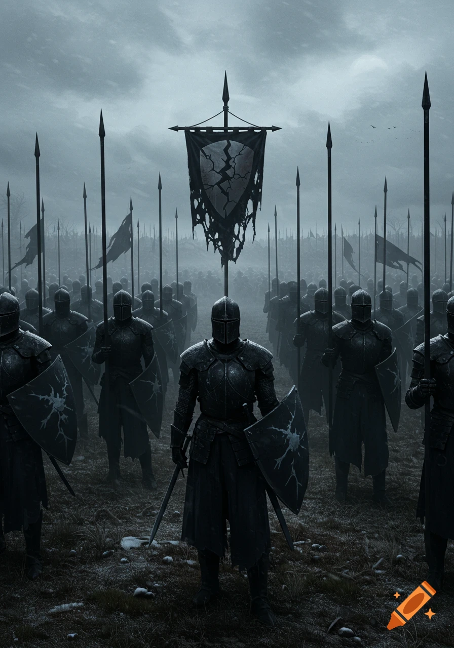 A dark fantasy army of armored knights stands in a field under a grey sky, with a torn banner featuring a broken shield symbol.