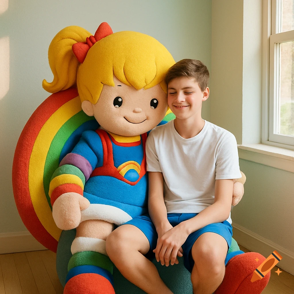 A smiling teenage boy in a white t-shirt and blue shorts sits and hugs a large, colorful Rainbow Brite mascot doll in a bright room.