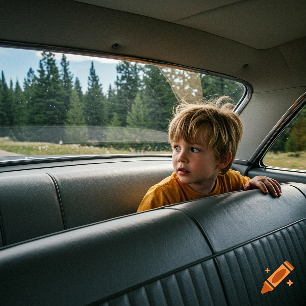 A young boy with blonde hair sits in the backseat of a car, looking out the window at pine trees.
