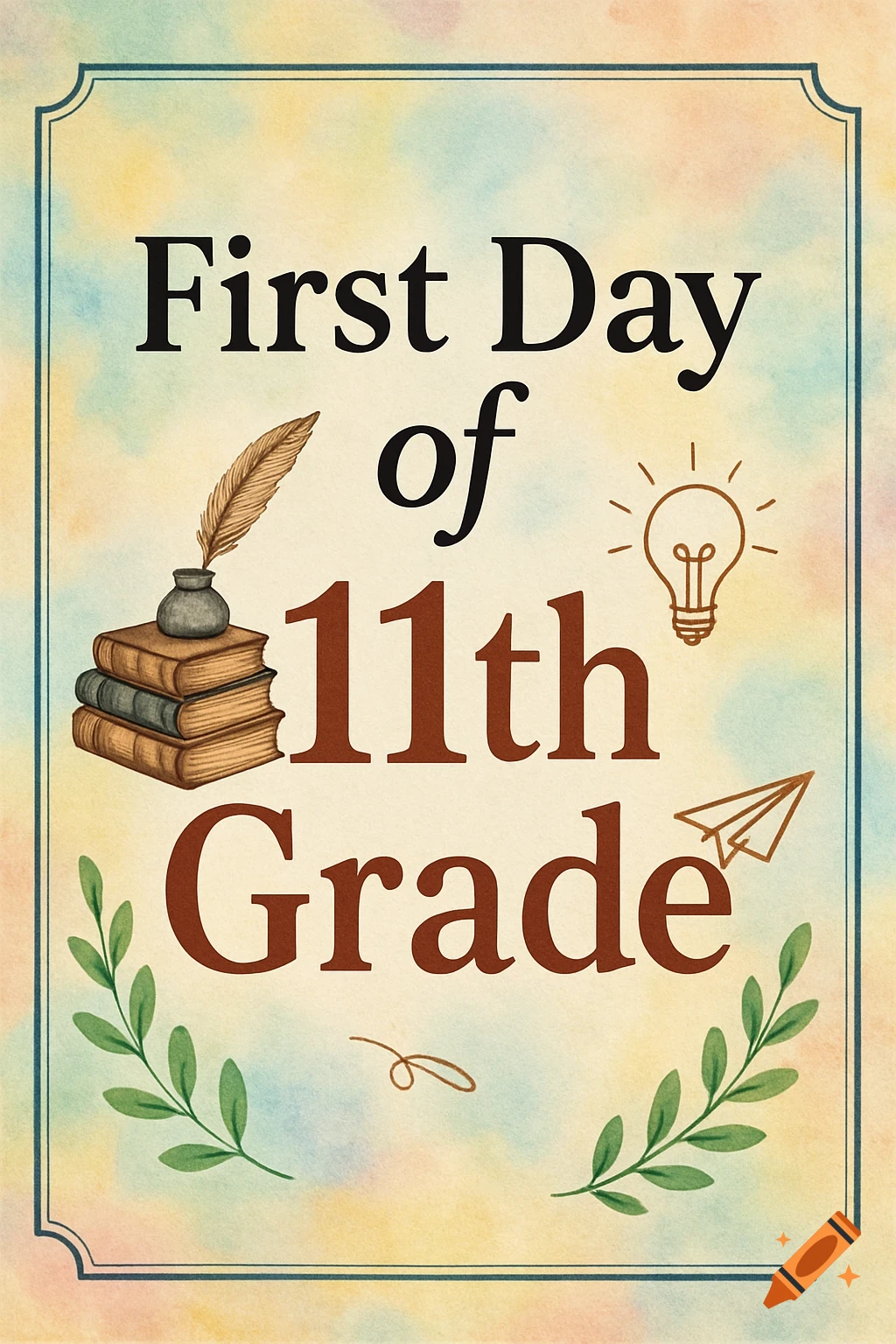 Watercolor-style poster for 'First Day of 11th Grade' with books, quill, inkpot, lightbulb, paper airplane, and leafy branches.