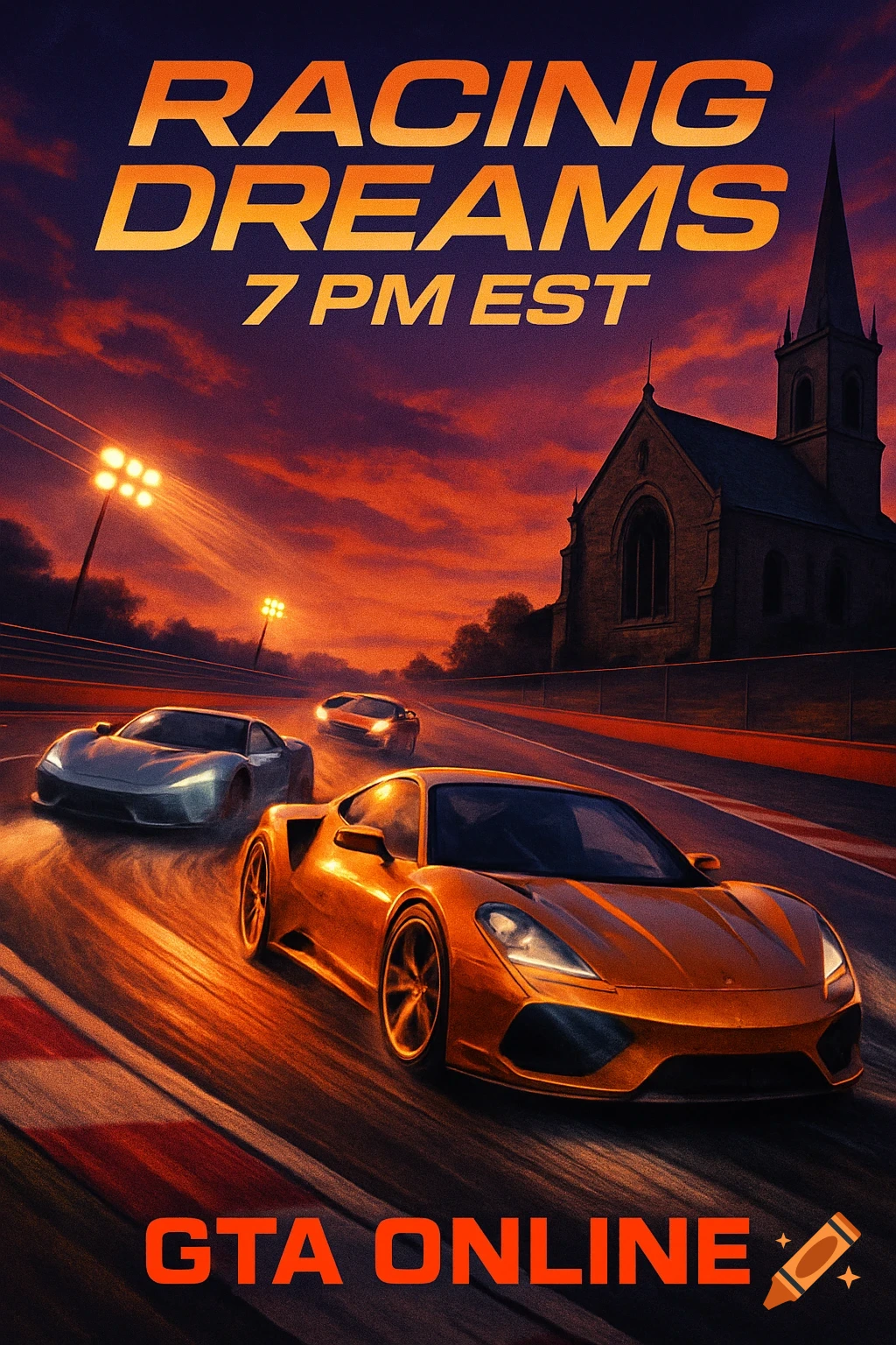 A poster for 'Racing Dreams' featuring racing cars on a track at sunset with a church, for GTA Online at 7 PM EST.