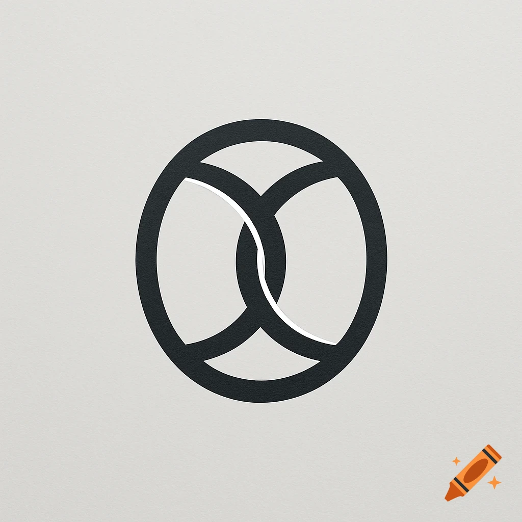 A black abstract logo featuring two interlocking oval shapes within a circle on a light grey textured background.
