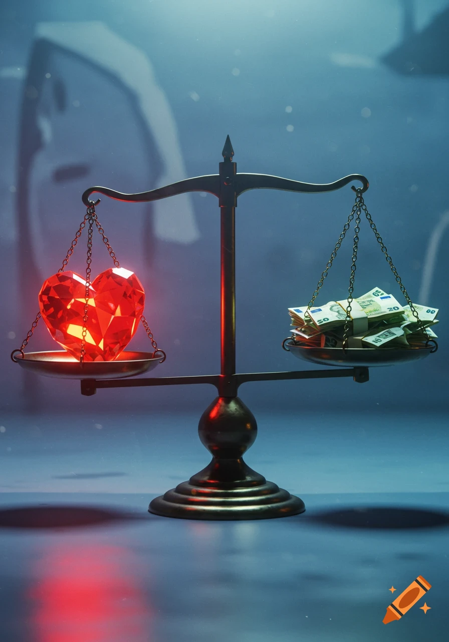 A glowing red faceted heart balances against a pile of money on an old-fashioned scale in a dark, atmospheric setting.