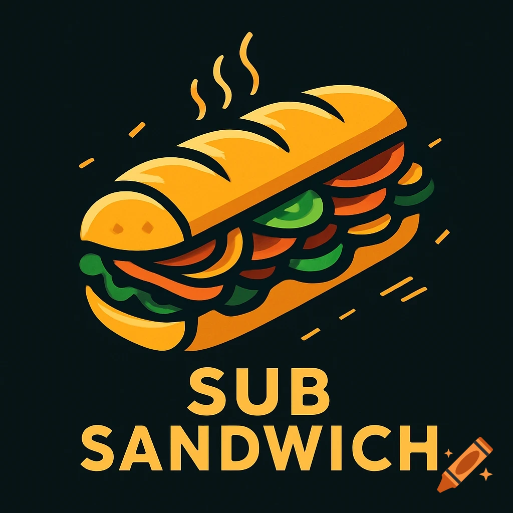 Stylized illustration of a sub sandwich with green and orange fillings, and text 'SUB SANDWICH' on a black background.