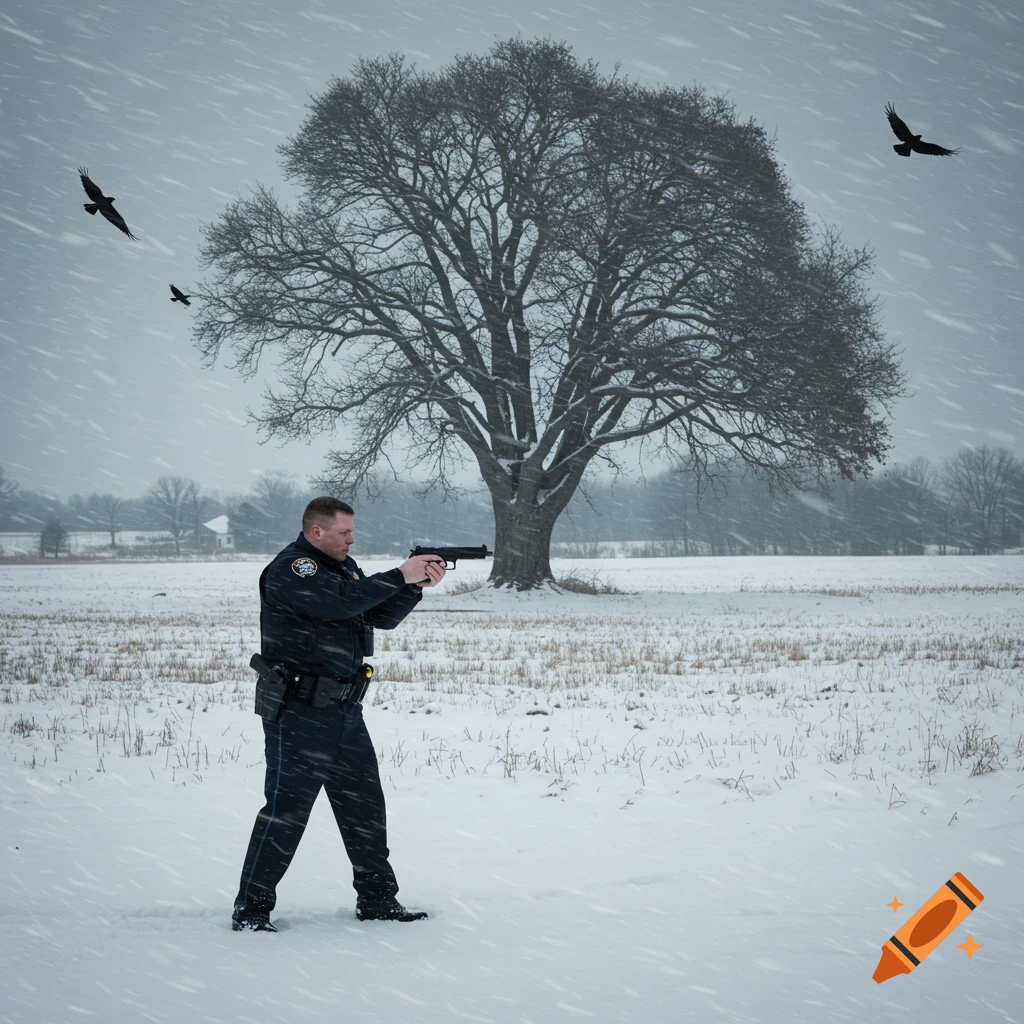 A police officer in uniform holds a handgun, standing in a snowy field with a large barren tree behind him and birds flying overhead.