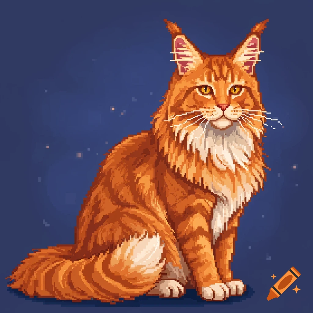 A detailed orange Maine Coon cat with yellow eyes, depicted in pixel art style, sitting against a dark blue background.