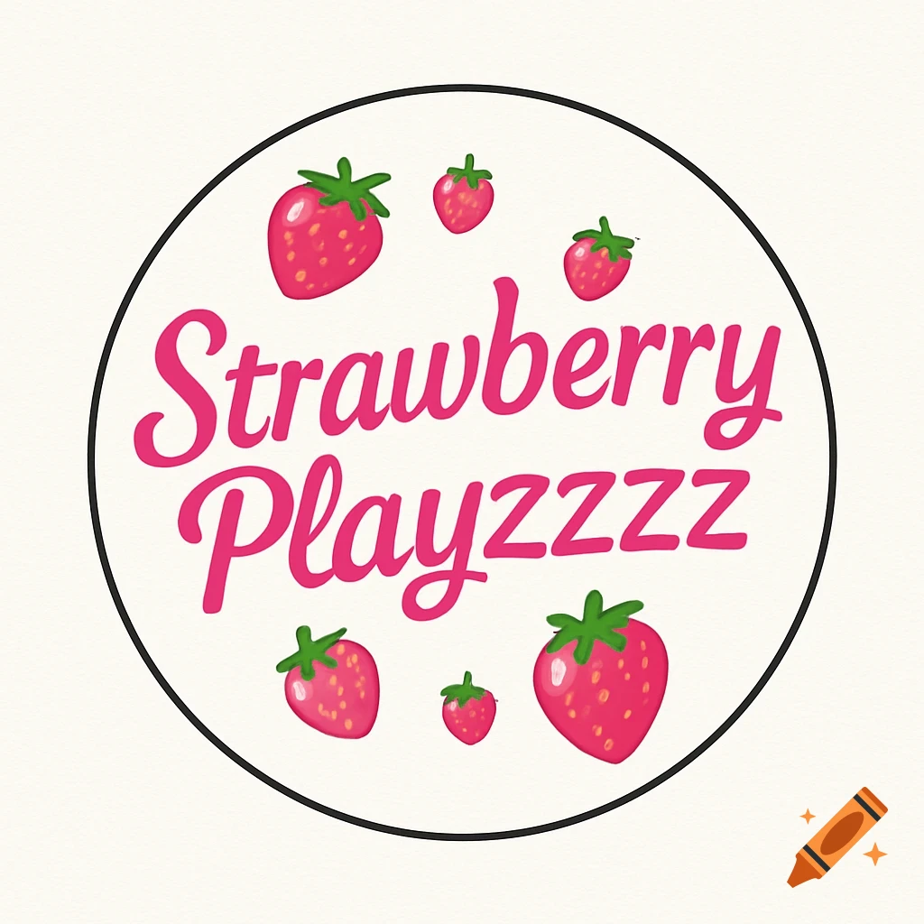 Cute circular logo with pink text 'Strawberry Playzzzz' and pink strawberries on a light background.
