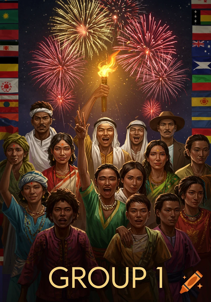 An illustrative portrait of a diverse group of people celebrating with a torch and fireworks in the night sky, flanked by flags, with 'GROUP 1' text at the bottom.