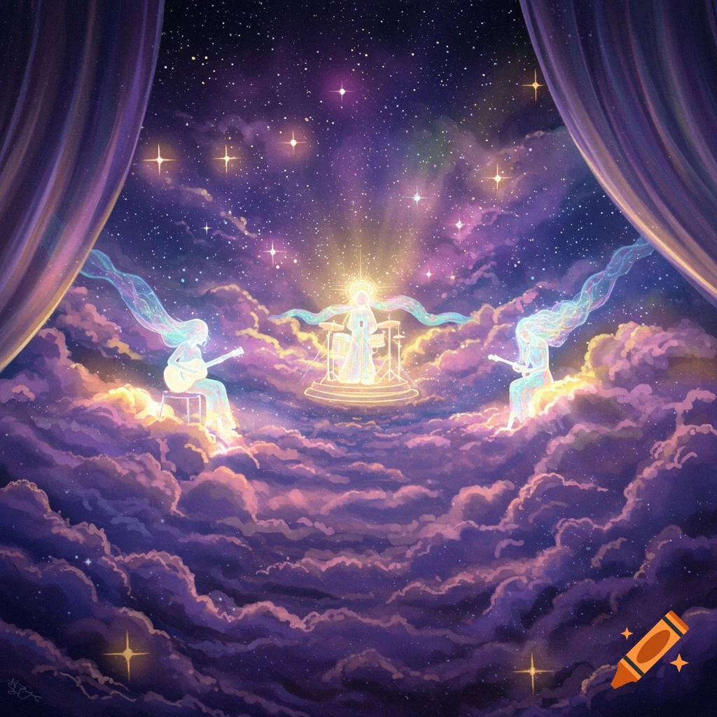 Three glowing figures play music on clouds under a starry, purple and pink sky with starry curtains.