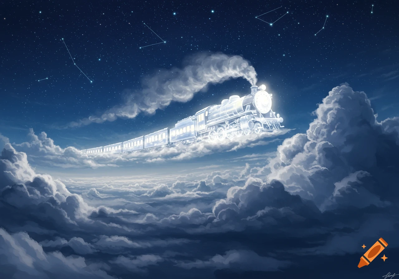 A luminous, glowing train with passenger cars travels through a starlit night sky, surrounded by soft, billowy clouds.