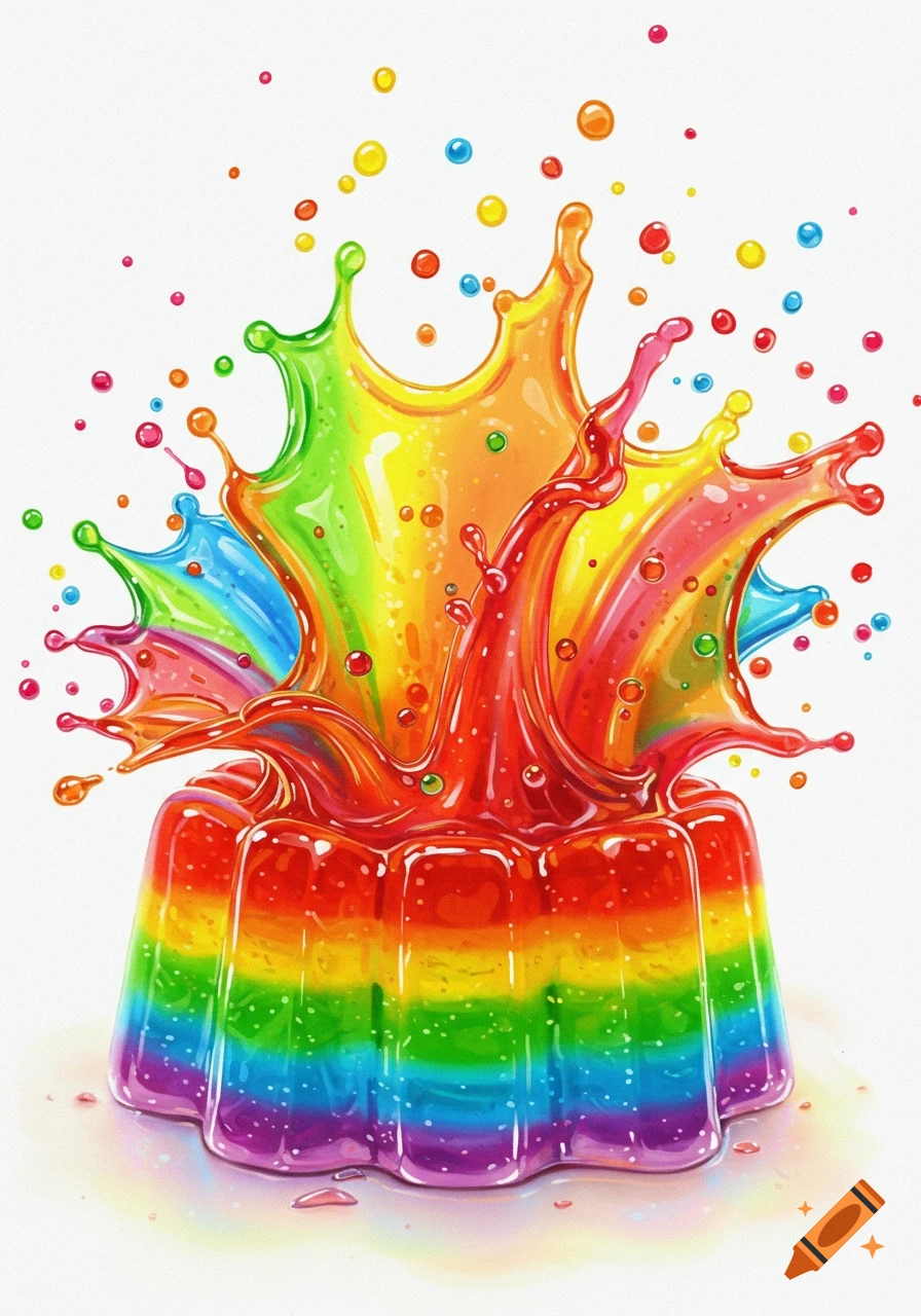 A vibrant rainbow-colored jello mold exploding, with colorful droplets and splashes rising from it against a white background.